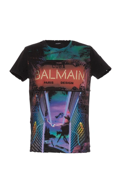 Shop Balmain Distressed Logo-printed Jersey T-shirt