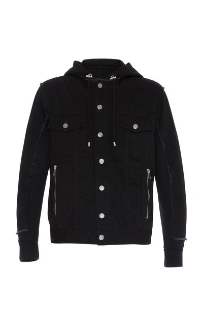 Shop Balmain Hooded Denim And Jersey Jacket In Black