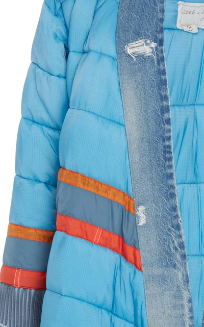 Shop Greg Lauren Distressed Paneled Puffer Jacket In Blue