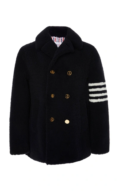 Shop Thom Browne Double-breasted Striped Shearling Peacoat In Navy