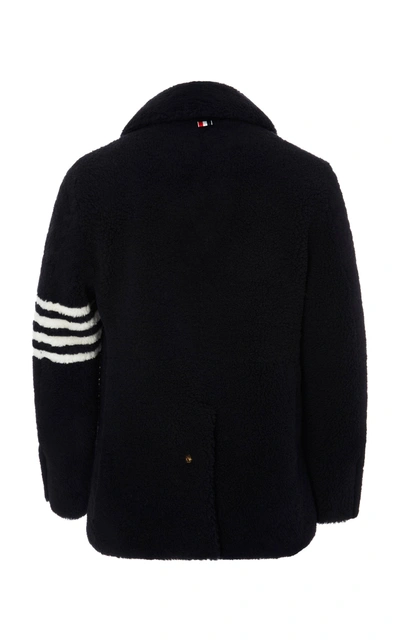 Shop Thom Browne Double-breasted Striped Shearling Peacoat In Navy