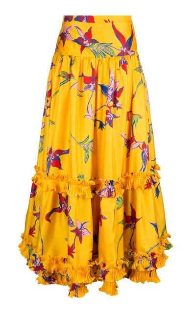 Shop La Doublej Salsa Ruffled Silk Skirt In Yellow