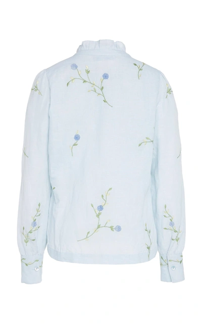 Shop Luisa Beccaria Floral Embroidered Cotton Shirt In Blue