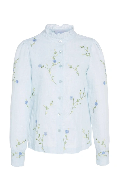 Shop Luisa Beccaria Floral Embroidered Cotton Shirt In Blue