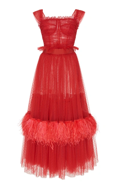 Shop Dolce & Gabbana Feather-embellished Tulle Midi Dress In Red
