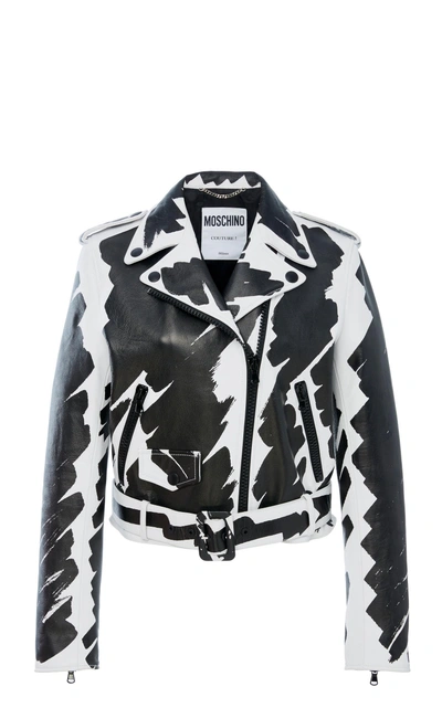 Shop Moschino Printed Leather Jacket In Black