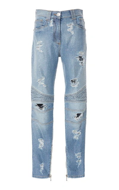 Shop Balmain High-rise Straight-leg Biker Jeans In Light Wash