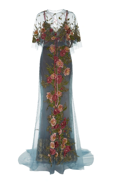 Shop Marchesa Floral Embroidered Tulle Gown In Blue