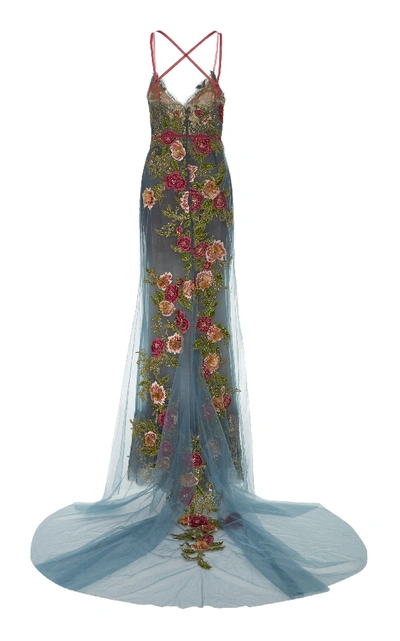 Shop Marchesa Floral Embroidered Tulle Gown In Blue