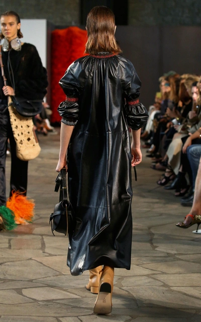 Shop Loewe Smocked Leather Dress In Black