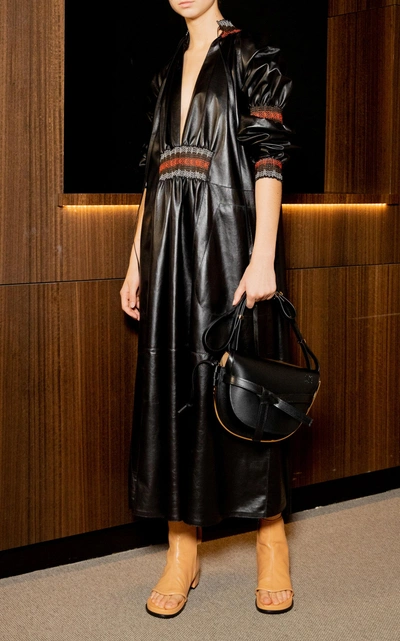 Shop Loewe Smocked Leather Dress In Black