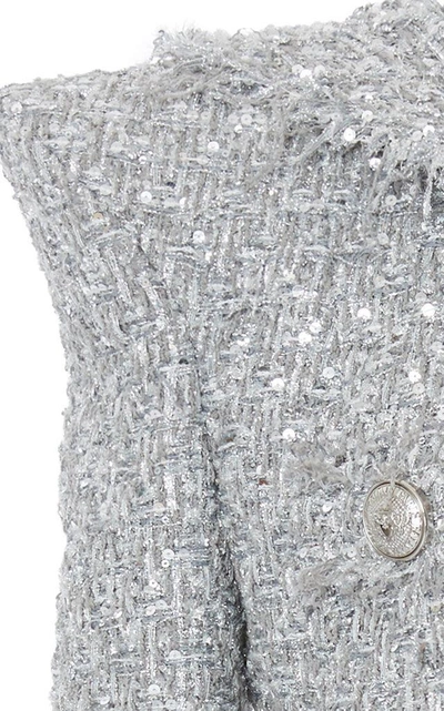 Shop Balmain Hooded Tweed Jacket In Silver
