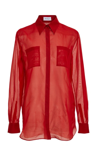 Shop Ferragamo Silk Organza Long Sleeve Shirt In Orange