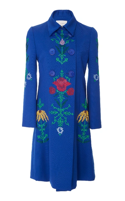 Shop Carolina Herrera Double Breasted Embroidered Coat In Blue