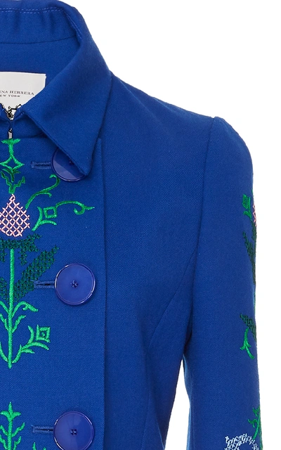 Shop Carolina Herrera Double Breasted Embroidered Coat In Blue