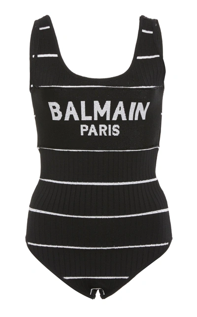 Shop Balmain Stripe Logo Jersey Bodysuit In Black