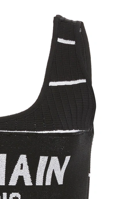 Shop Balmain Stripe Logo Jersey Bodysuit In Black