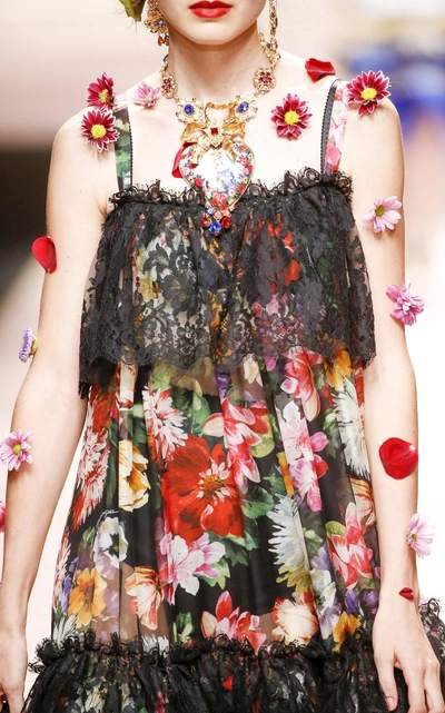 Shop Dolce & Gabbana Floral Lace Chiffon Midi Dress