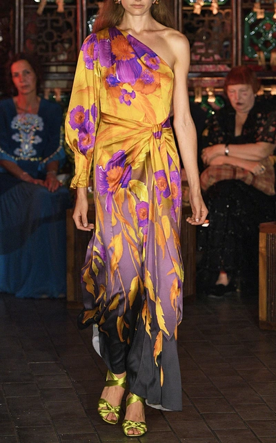 Shop Peter Pilotto One-shoulder Floral-print Silk-blend Maxi Dress In Purple