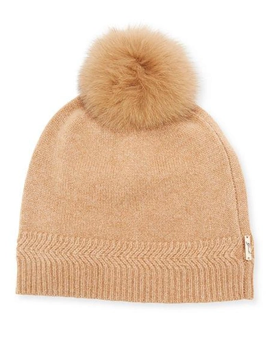 Shop Gorski Knit Cashmere Beanie Hat W/ Fur Pompom In Camel