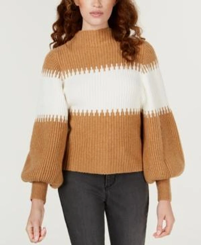 Shop French Connection Striped Blouson Sleeve Sweater In Camel/white