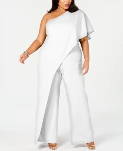 Shop Adrianna Papell Plus Size Draped One-shoulder Jumpsuit In Ivory