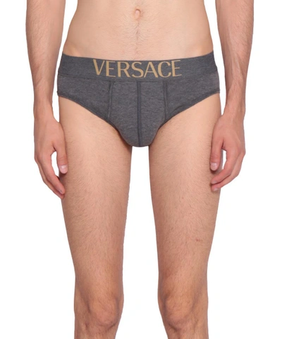 Shop Versace Logo Jersey Cotton Briefs In Grigio