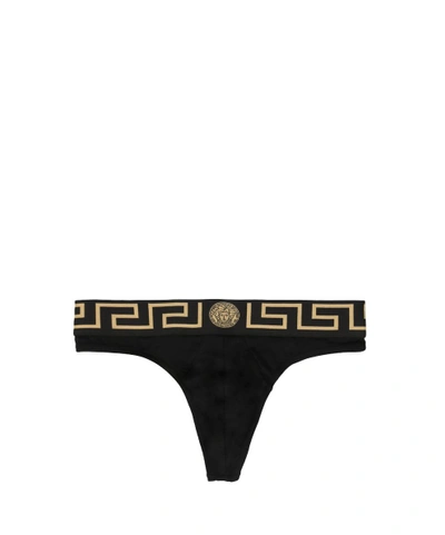 Shop Versace Logo Cotton Thong In Nero