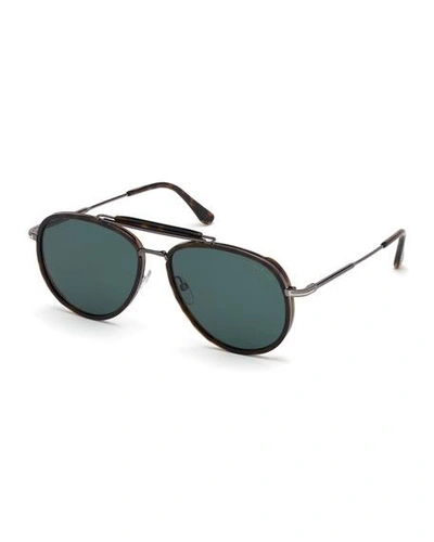 Shop Tom Ford Men's Tripp Havana Aviator Sunglasses In Brown/green