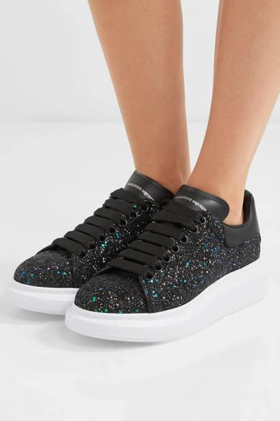 Shop Alexander Mcqueen Glittered Leather Exaggerated-sole Sneakers In Black