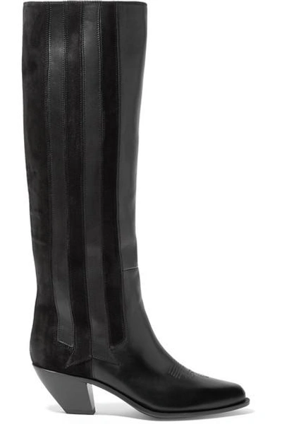 Shop Golden Goose Nebbia Suede-paneled Embroidered Leather Knee Boots In Black