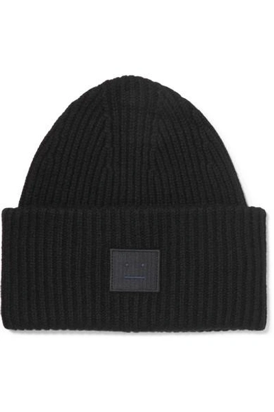 Shop Acne Studios Pansy Face Appliquéd Ribbed Wool Beanie In Black