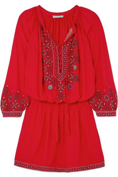 Shop Melissa Odabash Nadja Embroidered Voile Mini Dress In Red