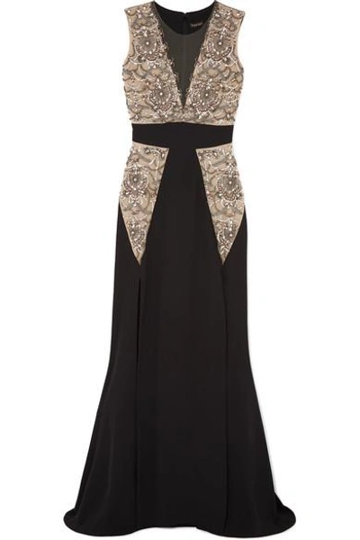 Shop Reem Acra Embellished Tulle And Silk-crepe Gown In Black