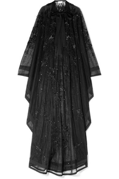 Shop Elie Saab Crepe-trimmed Embellished Tulle Kaftan In Black