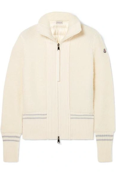 Shop Moncler Wool-blend Bouclé And Quilted Shell Down Cardigan In Cream