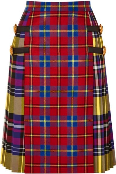 Shop Versace Leather-trimmed Tartan Wool Skirt In Red