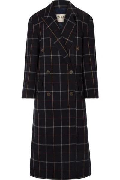 Shop A.w.a.k.e. Double-breasted Checked Wool-blend Coat In Navy