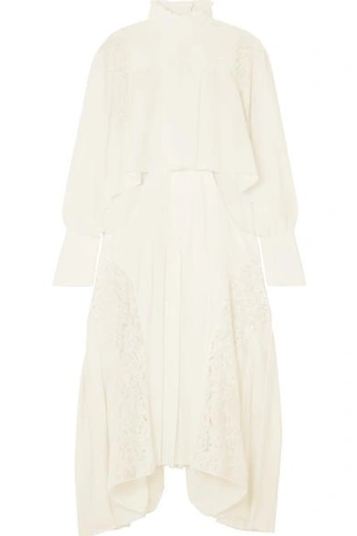 Shop Chloé Asymmetric Lace-paneled Crepe Midi Dress In Ivory