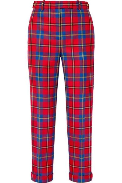 Shop Versace Tartan Wool Straight-leg Pants In Red