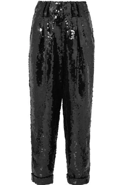 Shop Balmain Sequined Mesh Tapered Pants In Black