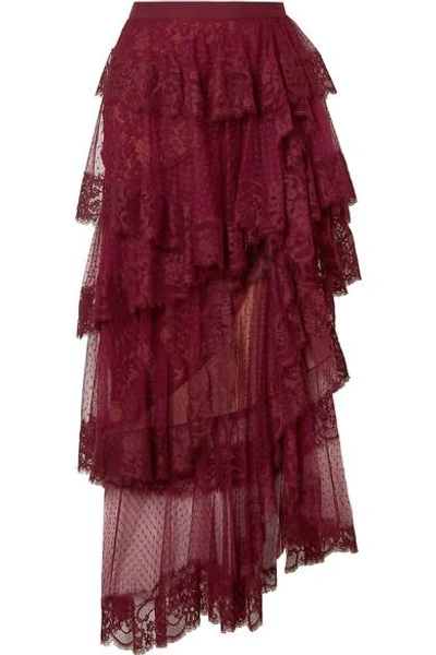 Shop Elie Saab Tiered Cotton-blend Lace And Swiss-dot Tulle Midi Skirt In Burgundy