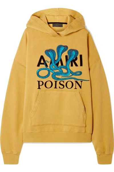 Shop Amiri Embroidered Printed Cotton-jersey Hoodie In Mustard