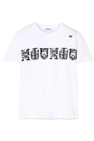 Shop Miu Miu Printed Cotton-jersey T-shirt In White