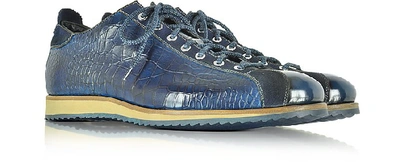 Shop Gucci Shoes Italian Handcrafted Indigo Blue Suede & Croco Print Leather Sneaker
