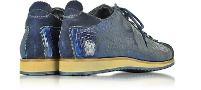 Shop Gucci Shoes Italian Handcrafted Indigo Blue Suede & Croco Print Leather Sneaker