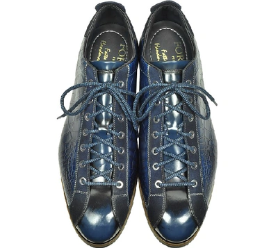 Shop Gucci Shoes Italian Handcrafted Indigo Blue Suede & Croco Print Leather Sneaker