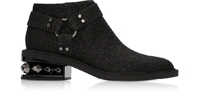 Shop Nicholas Kirkwood Shoes Black Glitter Textured Canvas And Leather 35mm Suzi Low Biker Boots