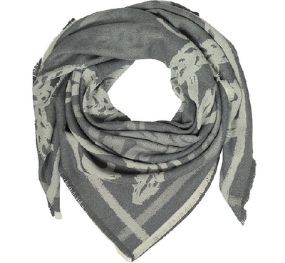 Shop Mcm Scarves Allover Logo Print Wool Scarf In Grey