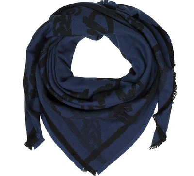 Shop Mcm Scarves Allover Logo Print Wool Scarf In Navy Blue